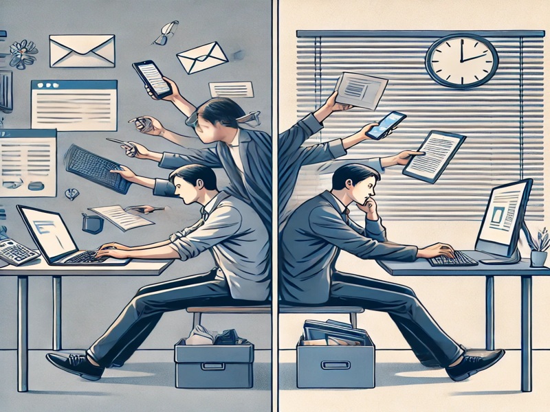 한쪽에서는 멀티태스킹을 하며 여러 기기를 사용하고 메시지를 확인하는 사람이 보이고, 반대쪽에서는 싱글태스킹을 하며 한 가지 작업에 집중하는 사람이 표현된 이미지. 멀티태스킹과 싱글태스킹의 차이를 시각적으로 비교하여 집중력과 효율성의 차이를 강조