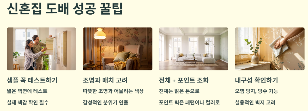 신혼집 도배 성공 꿀팁- 샘플 꼭 테스트하기, 조명과 매치 고려, 전체+포인트 조화, 내구성 확인