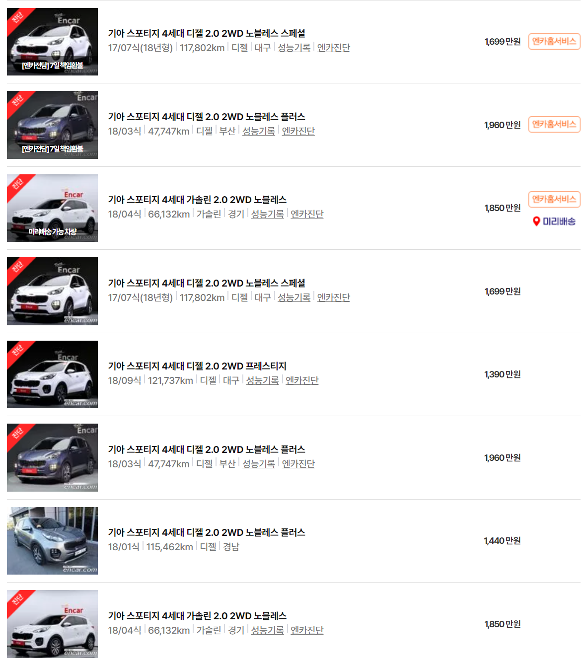 스포티지 4세대(15~18년식) 중고차 가격