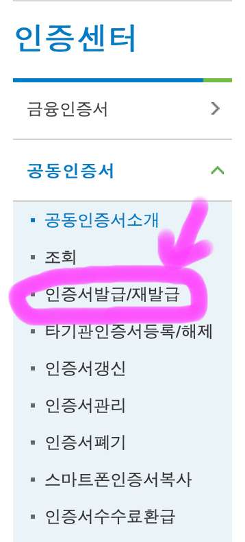 왼쪽 메뉴에 보이는 인증서 발급/재발급을 클릭해 줍니다.