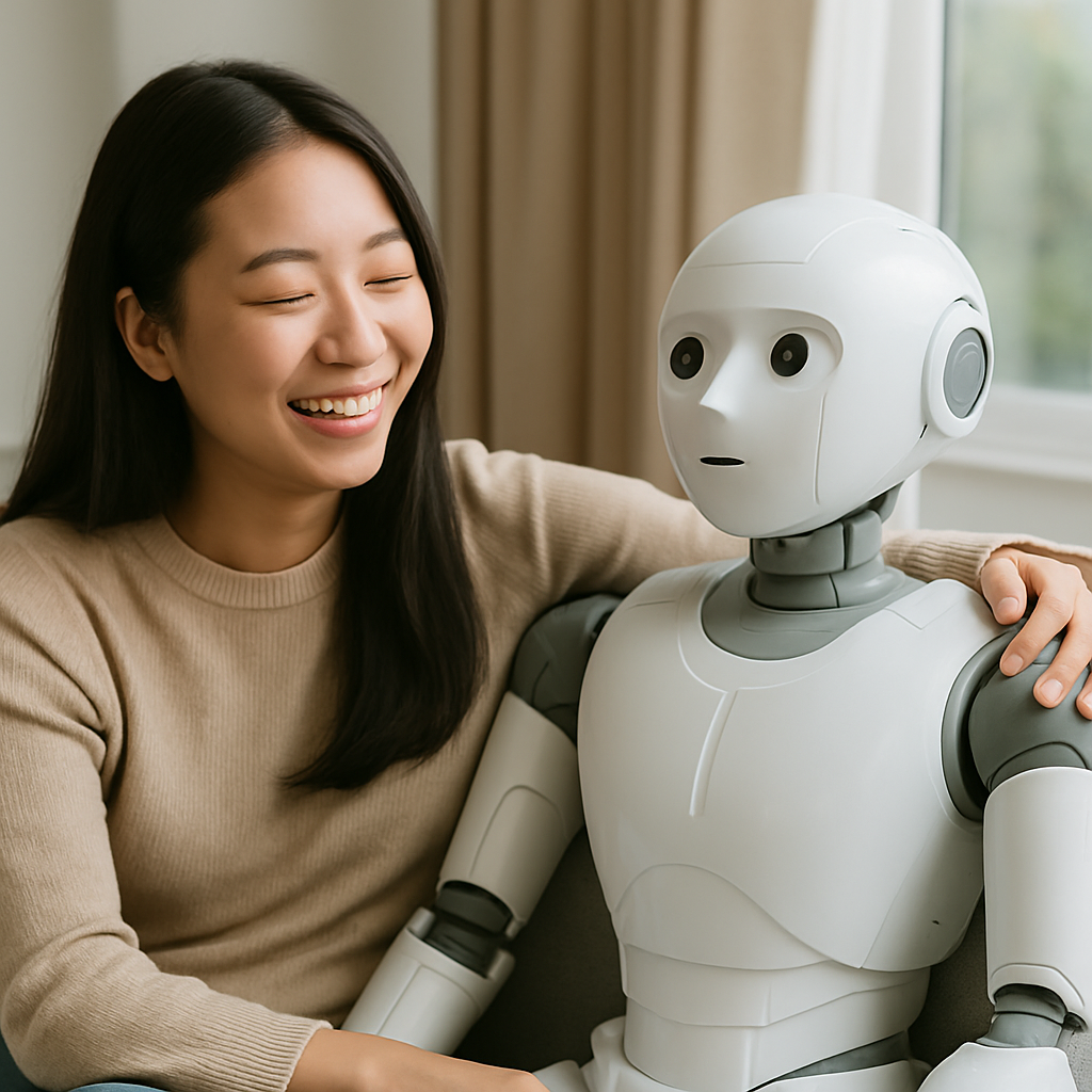 기억하는 AI, 이제는 진짜 '내 친구'가 되는 시대, 로봇과 한국인 여성이 어깨 동무하며 친근하게 웃고 있다.