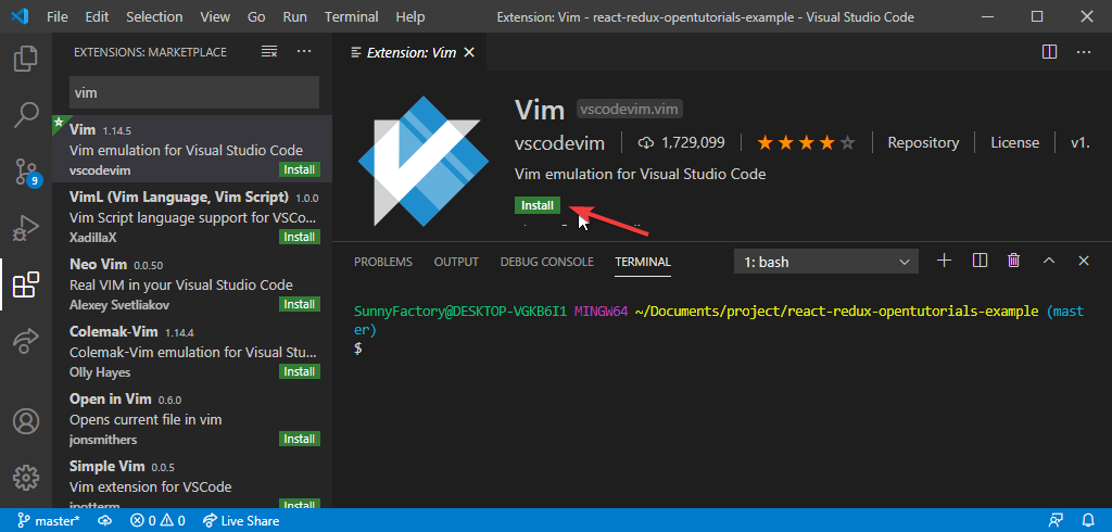 vscode-vim-extension-설치하기-스크린샷