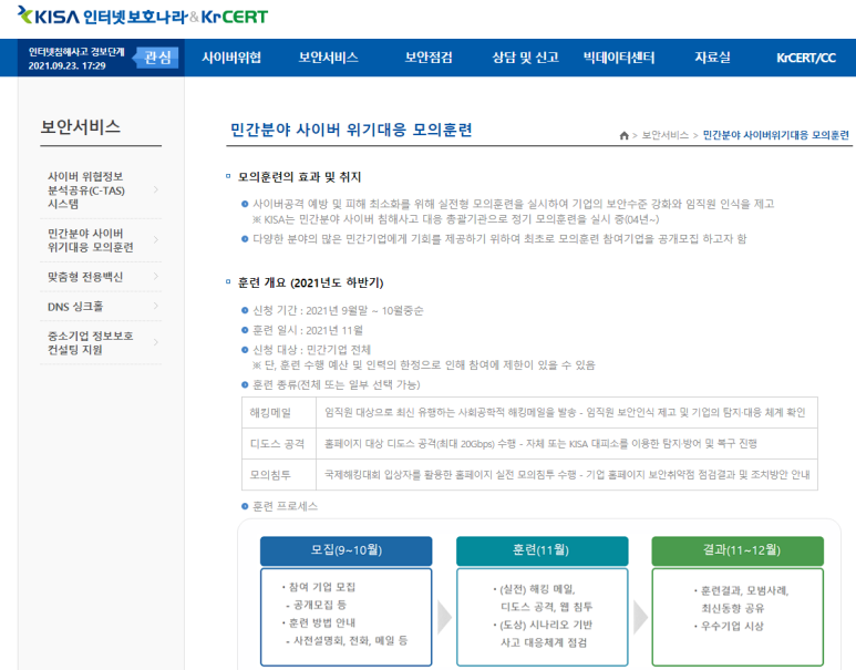  2021년 하반기 민간분야 사이버 위기대응 모의훈련 안내