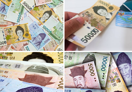 한국-원화-다양한-지폐가-나열되어-있다.