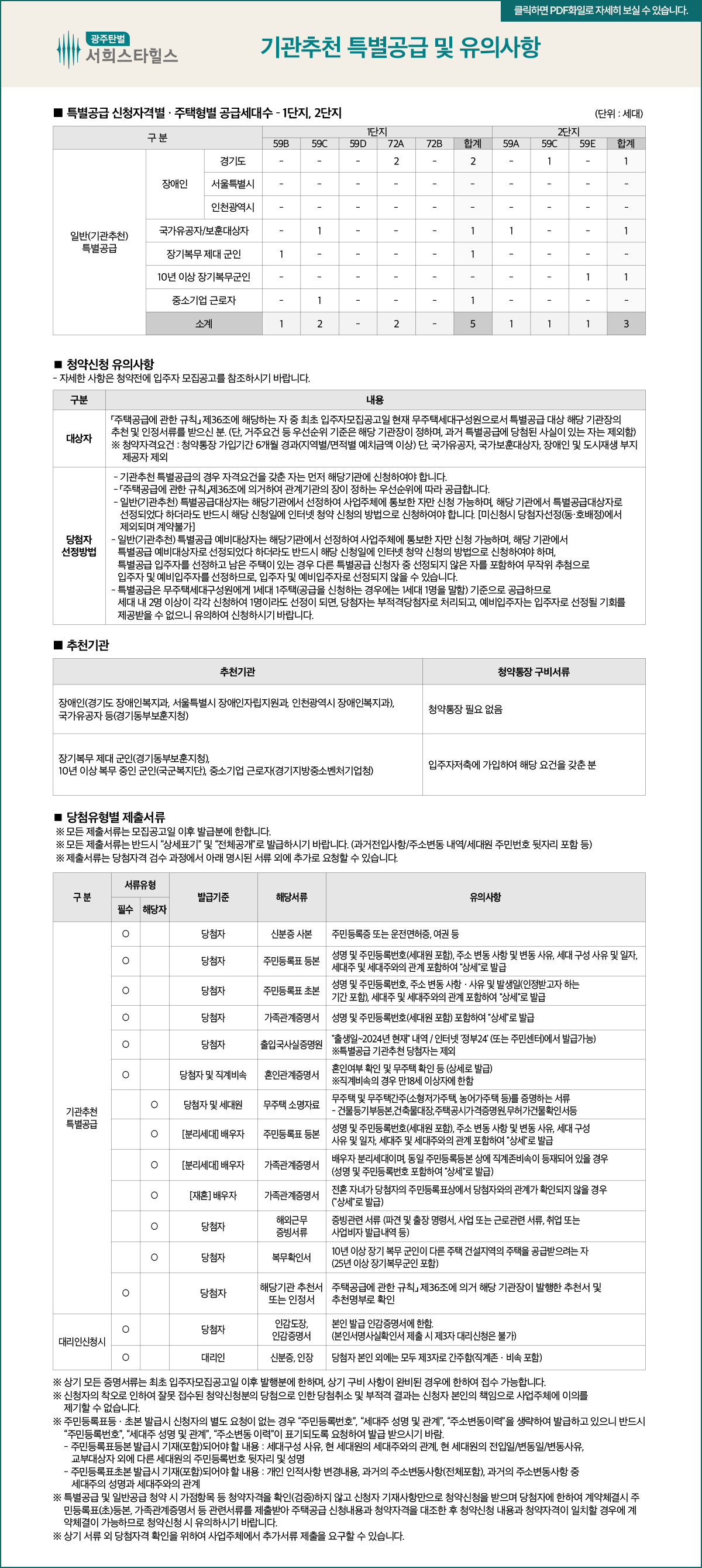 광주 탄벌 서희스타힐스 아파트-청약안내문-특별공급-기관추천