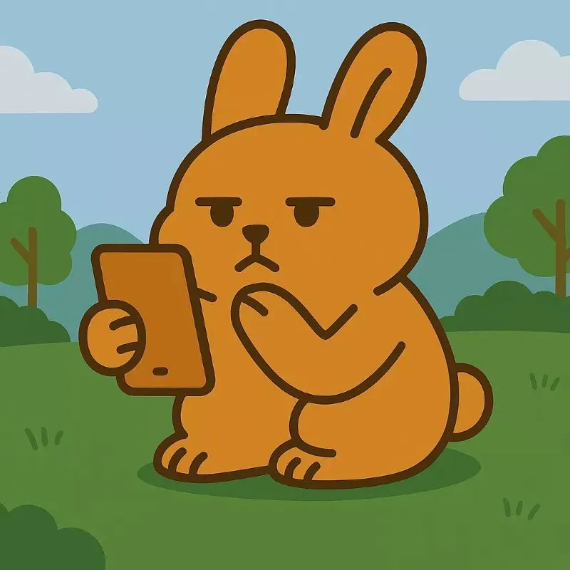 &quot;문자 답장을 기다리며 핸드폰을 골똘히 바라보는 토끼 캐릭터&quot;