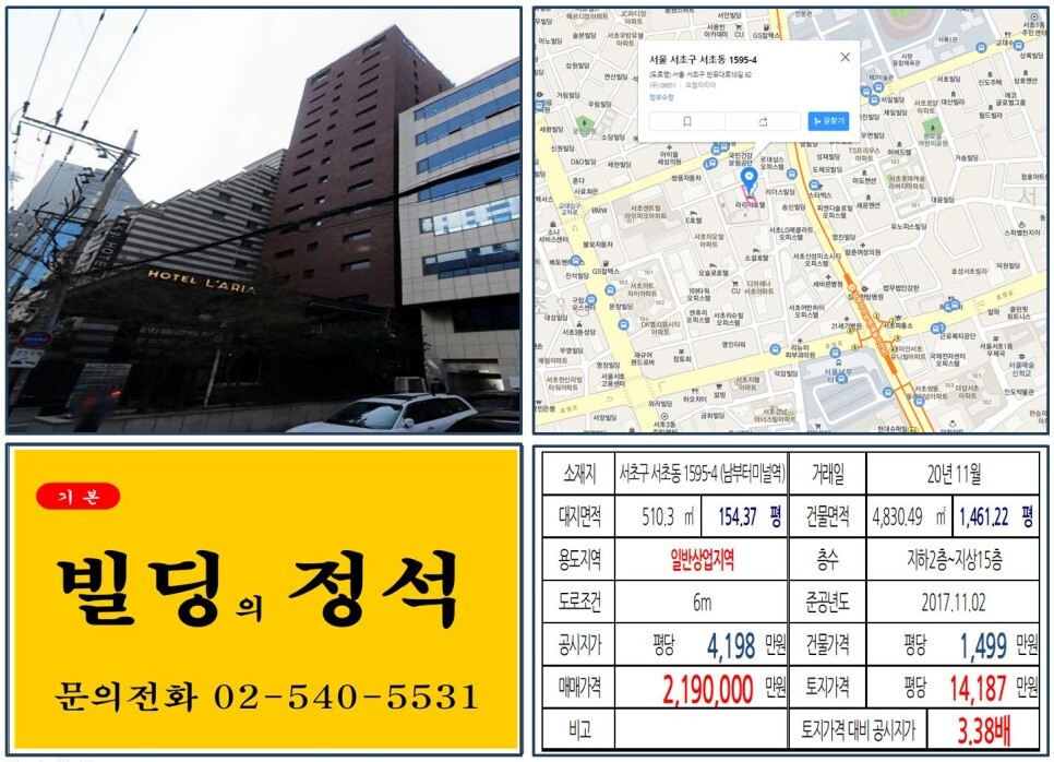  [서초구 일반상업지역 200억 빌딩 실거래가 조회] 서초동 1595-4 (남부터미널역) 219억 원, 평당 1억 4,187만 원 매매되었습니다. 교대역 사거리, 오피스텔 신축부지