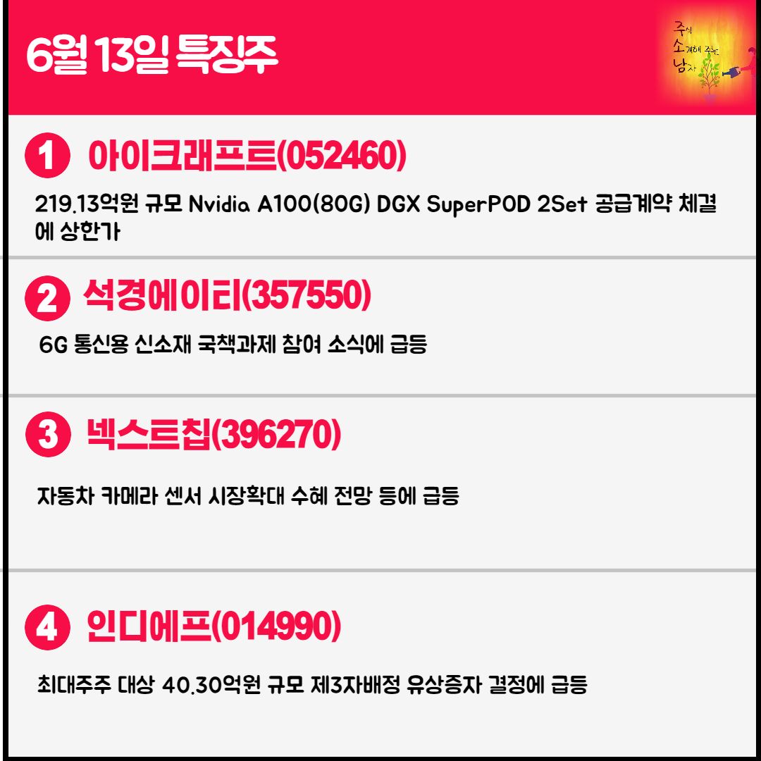 6월 13일 오늘의 특징주