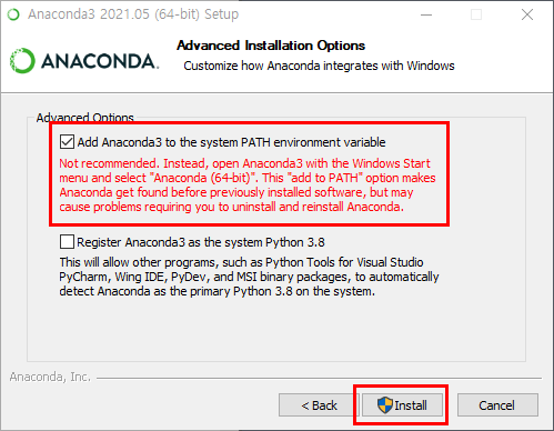 Anaconda를 환경변수에 추가하는 옵션을 보여주는 사진
