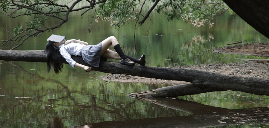 섬네일 호수로 뻗은 나무 위에서 누워서 자고 있는 여고생