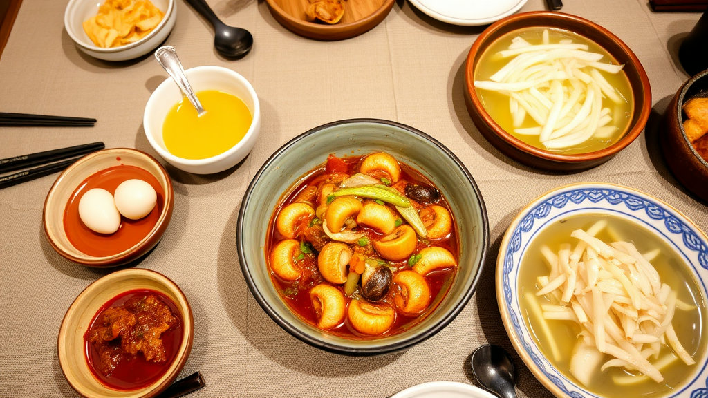 골뱅이무침을 중심으로 계란찜, 콩나물국, 백김치 등 몇 가지 반찬이 함께 차려진 한식 밥상 풍경