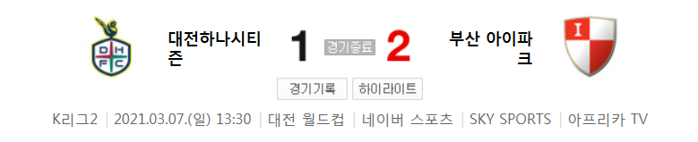  K리그2 / 국내축구 - 대전 VS 부산 (1 - 2) 2021시즌 2라운드 하이라이트 (2021년 3월 7일)