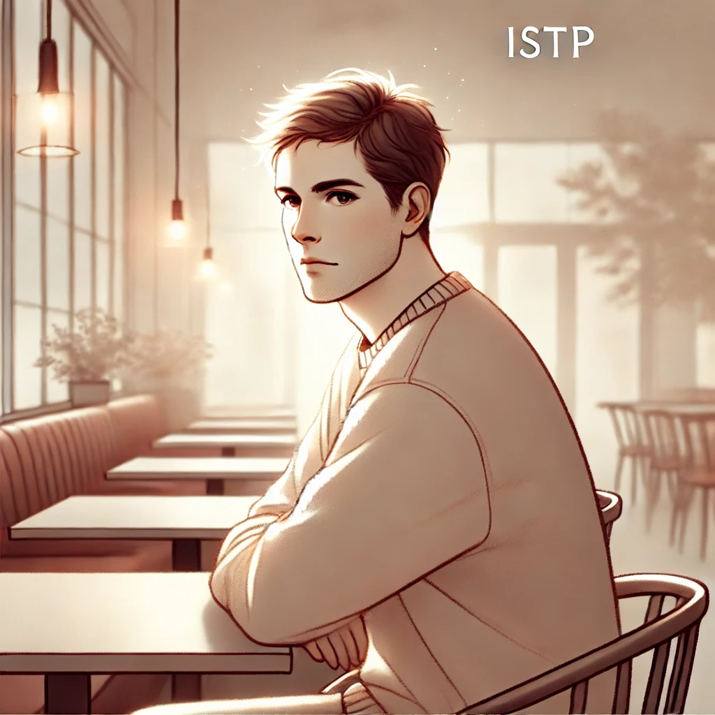 조용한 카페에서 창밖을 바라보며 생각에 잠긴 ISTP 남성. 독립적이고 논리적인 연애 스타일을 상징