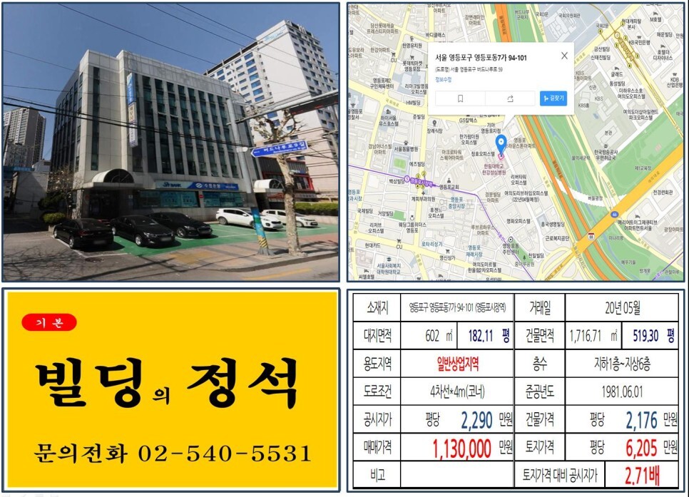  [영등포구 일반상업지역 100억 꼬마빌딩 실거래가 조회] 영등포동7가 94-101 (영등포시장역) 113억 원, 평당 6,205만 원 매매되었습