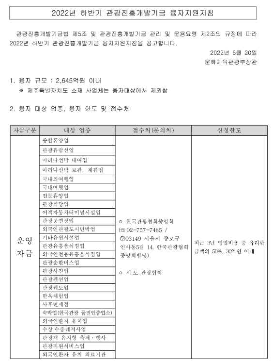  2022년 하반기 관광진흥개발기금 융자지원지침 공고