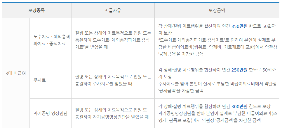 농협 실비보험 비급여 통원항목별 공제금액