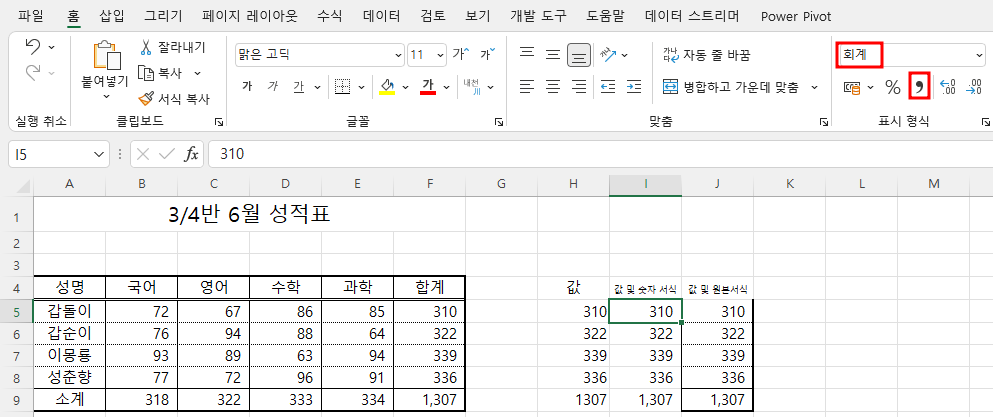 값 및 숫자 서식은 회계 서식이 적용됐음