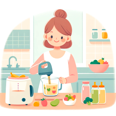 A mother cheerfully preparing baby food in the kitchen, blending fruits and vegetables.