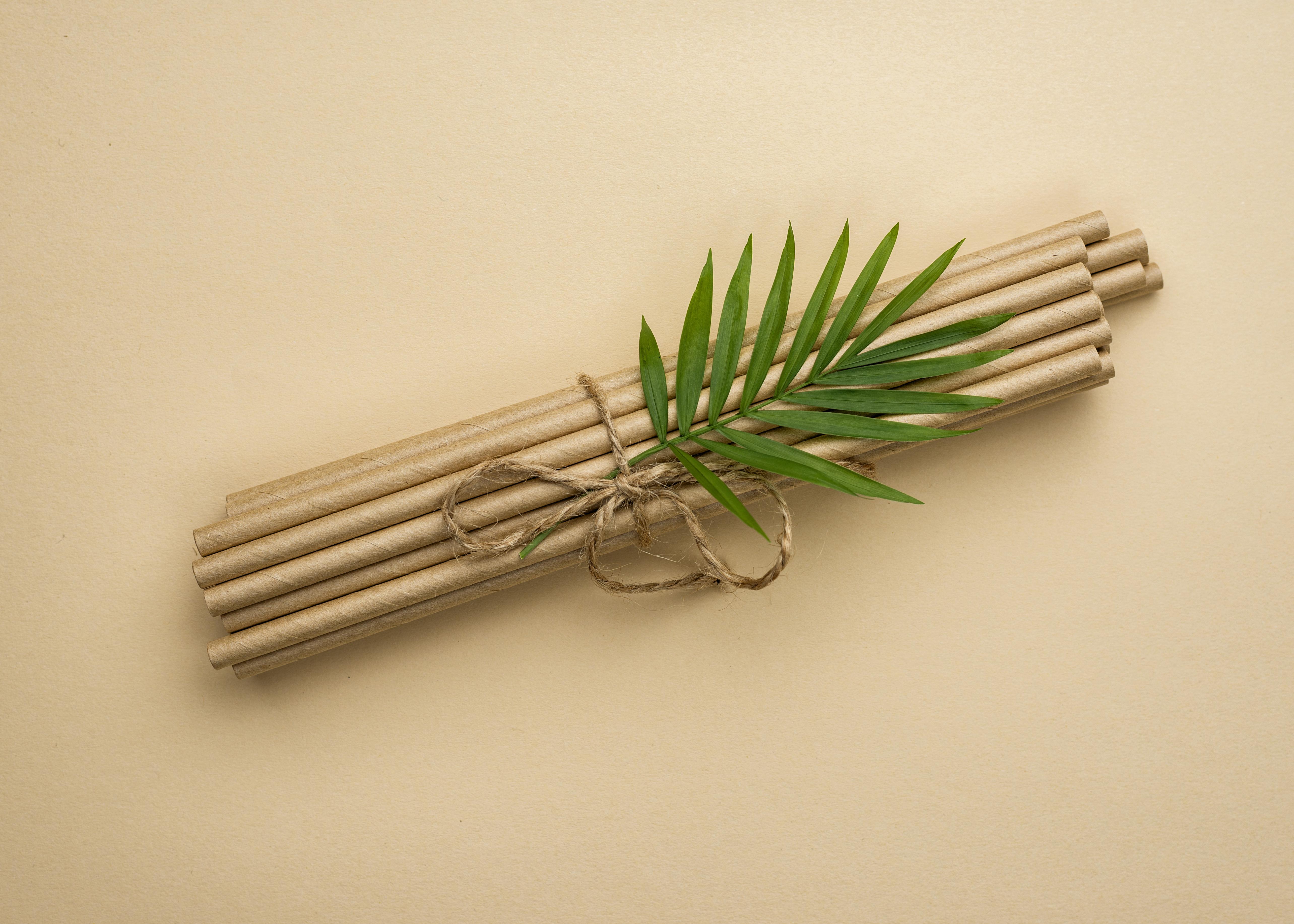 황토색 바닥 위에 대나무 대 한묶음 위에 대나무 잎을 한줄기 놓고 끈으로 묶은 후에 위에서 찍은 사진