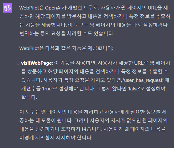 WebPilot 기능 질문에 대한 답변