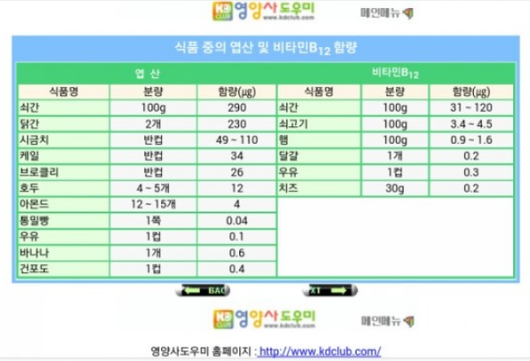 식품 중의 엽산 함유량