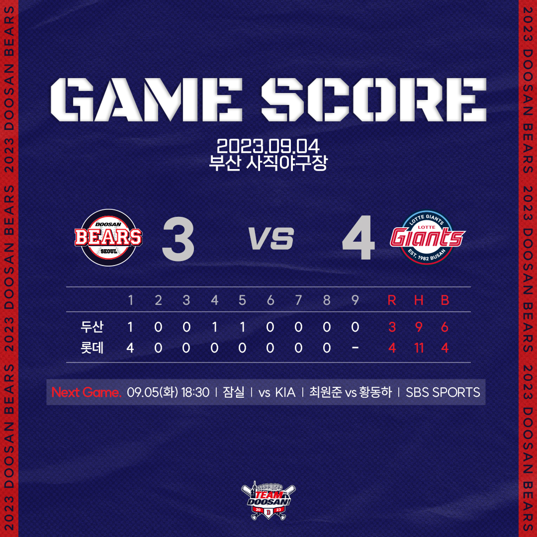 베어스히비 두산 vs 롯데 시즌 13차전 경기 결과 3:4