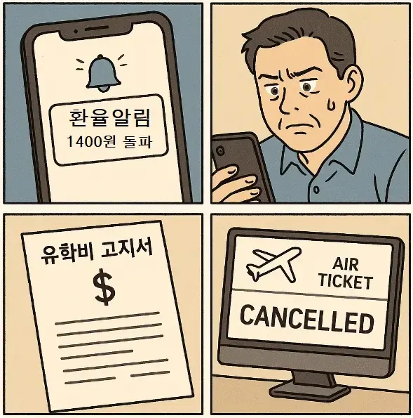 환율 1,300원 알림을 보고 당황하는 직장인, 유학비 고지서와 항공권 취소 화면을 보는 장면
