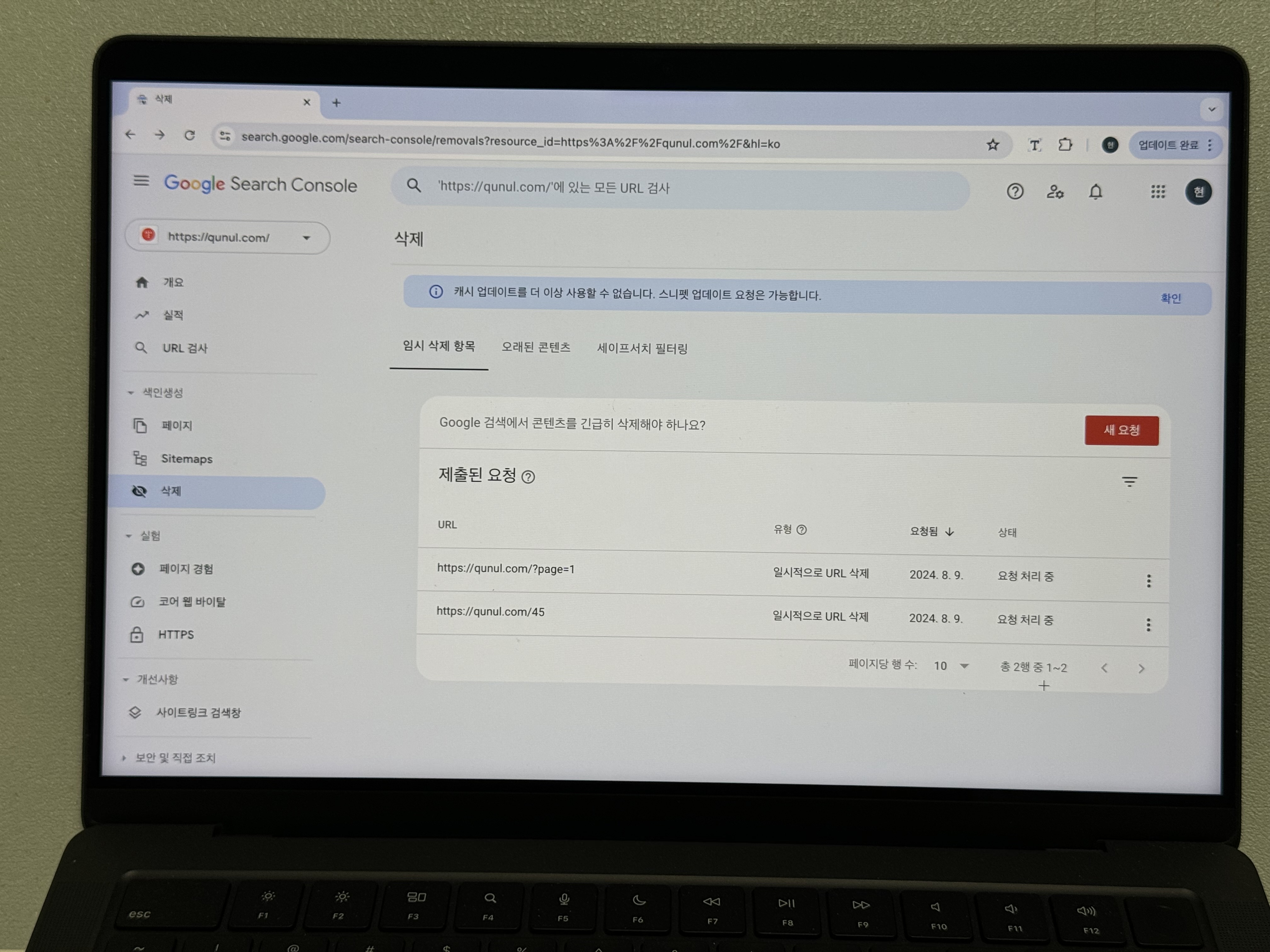 구글 서치콘솔 임시 삭제 항목 제출된 요청 화면 사진