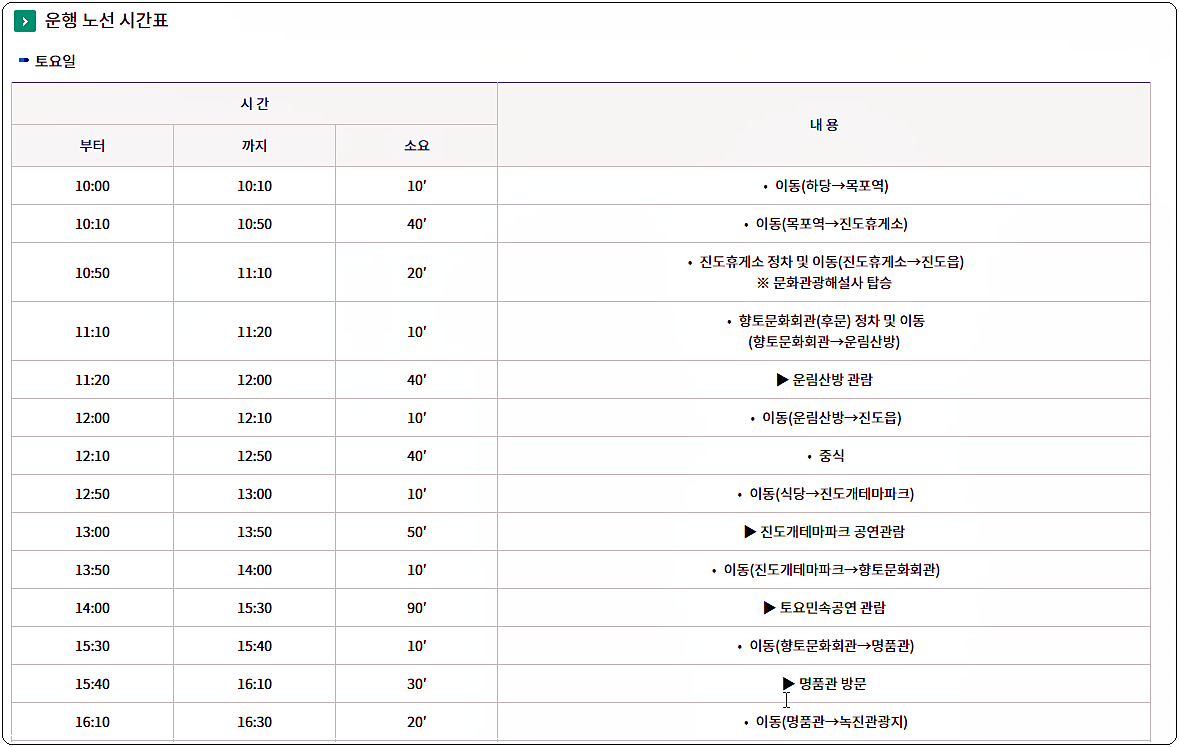 진도 시티투어 버스 운행 노선 시간표 1