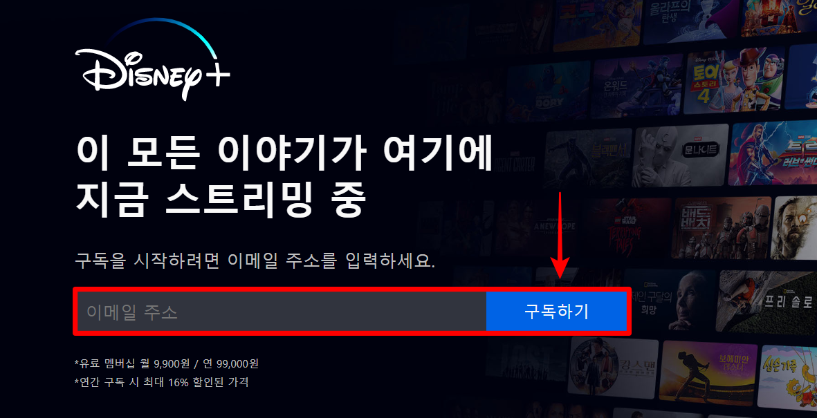 디즈니 플러스의 홈페이지에 접속한 뒤&#44; 이메일 주소를 입력하고 구독하기를 선택