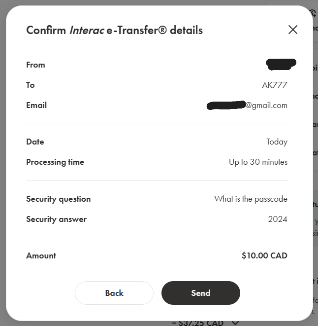 캐나다에서 계좌이체하기 Interac e-Transfer