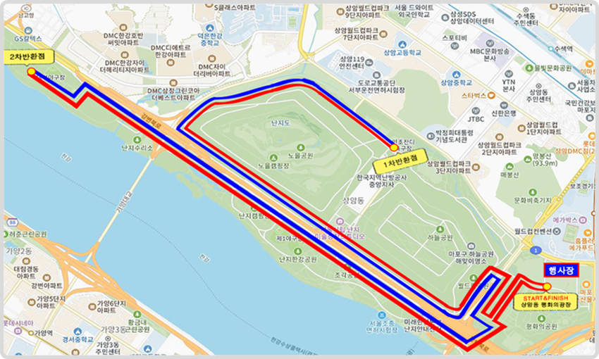 제21회 새벽강변 국제마라톤 코스 지도 - 하프