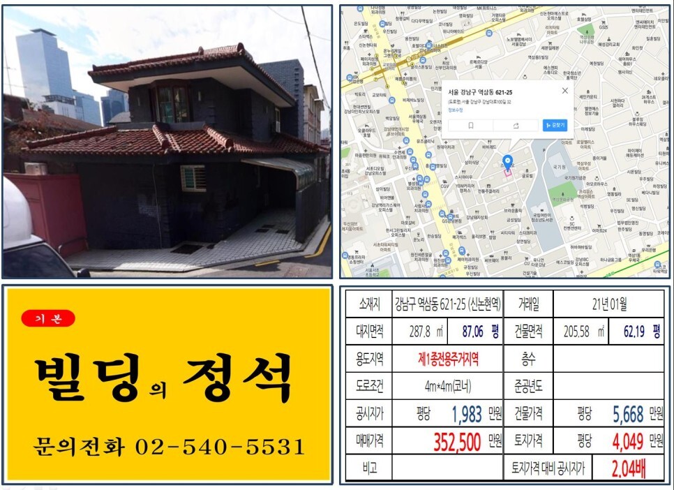  [강남구 강남대로 30억 꼬마빌딩 실거래가 조회] 역삼동 621-25 (신논현역) 35억 2,500만 원, 평당 4,049만 원 매매되었습니다.