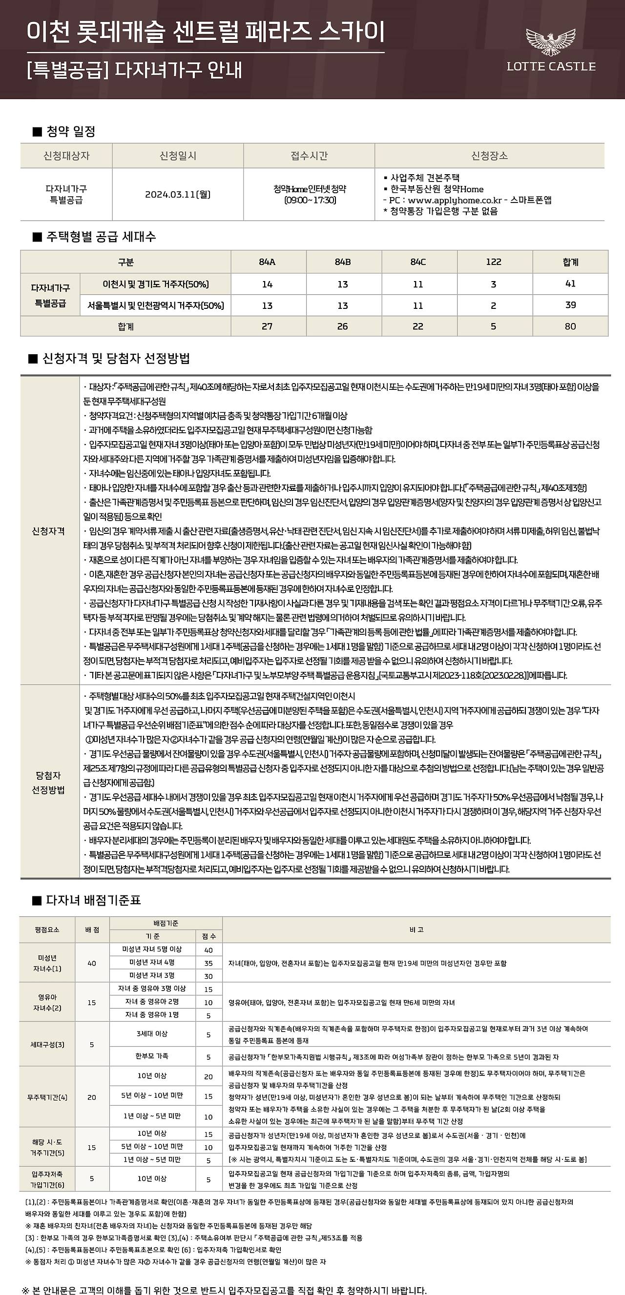 이천 롯데캐슬 센트럴 페라즈 스카이 아파트-청약안내문-특별공급-다자녀