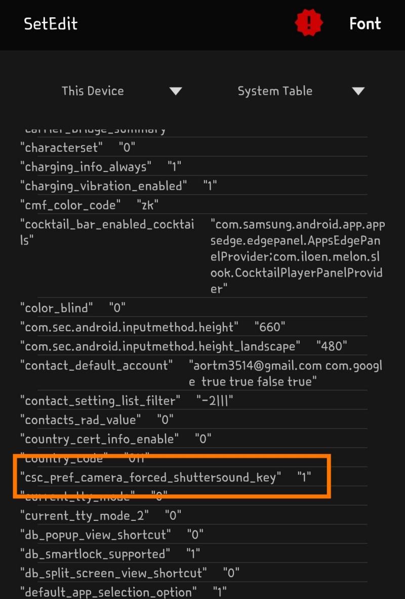 SetEdit앱 Csc_pref_camera_forced_shuttersound_key 선택