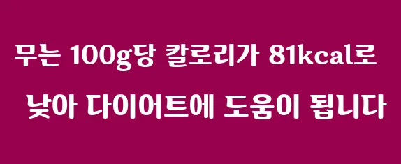 무는 100g당 칼로리가 81kcal로 낮아 다이어트에 도움이 됩니다