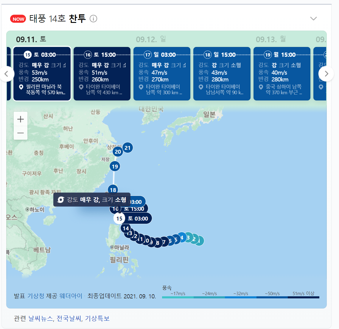  14호 태풍 찬투 현재상황