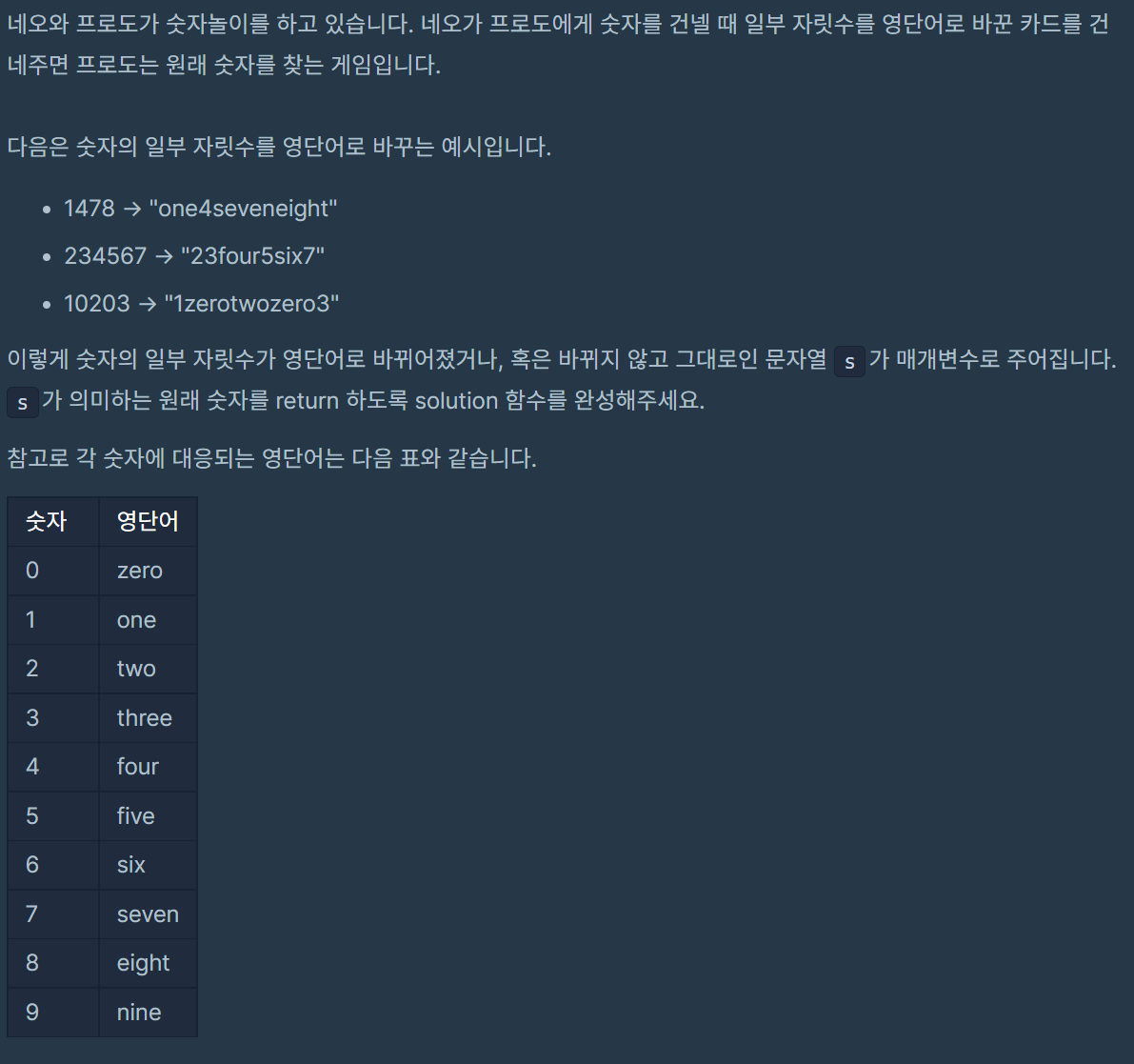  [프로그래머스] 코딩테스트 연습 : 숫자 문자열과 영단어 - PYTHON[파이썬]