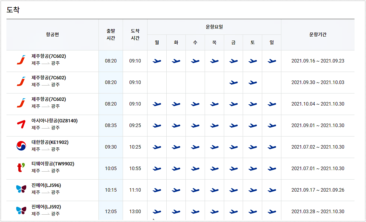 광주 제주 비행기 시간표