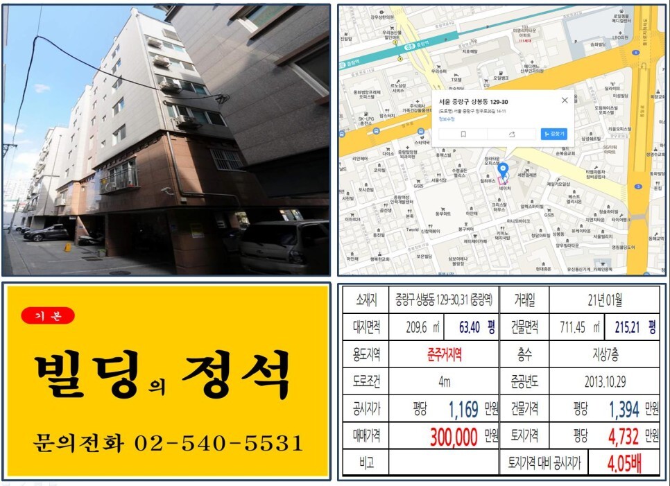  [중랑구 준주거지역 역세권 30억 수익용 빌딩 실거래가 조회] 상봉동 129-30,31 (중랑역) 30억 원, 평당 4,732만 원 매매되었습니다.