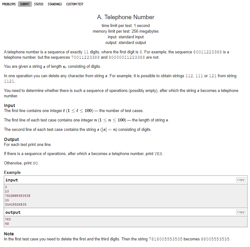  [Codeforces]  1167A: Telephone Number