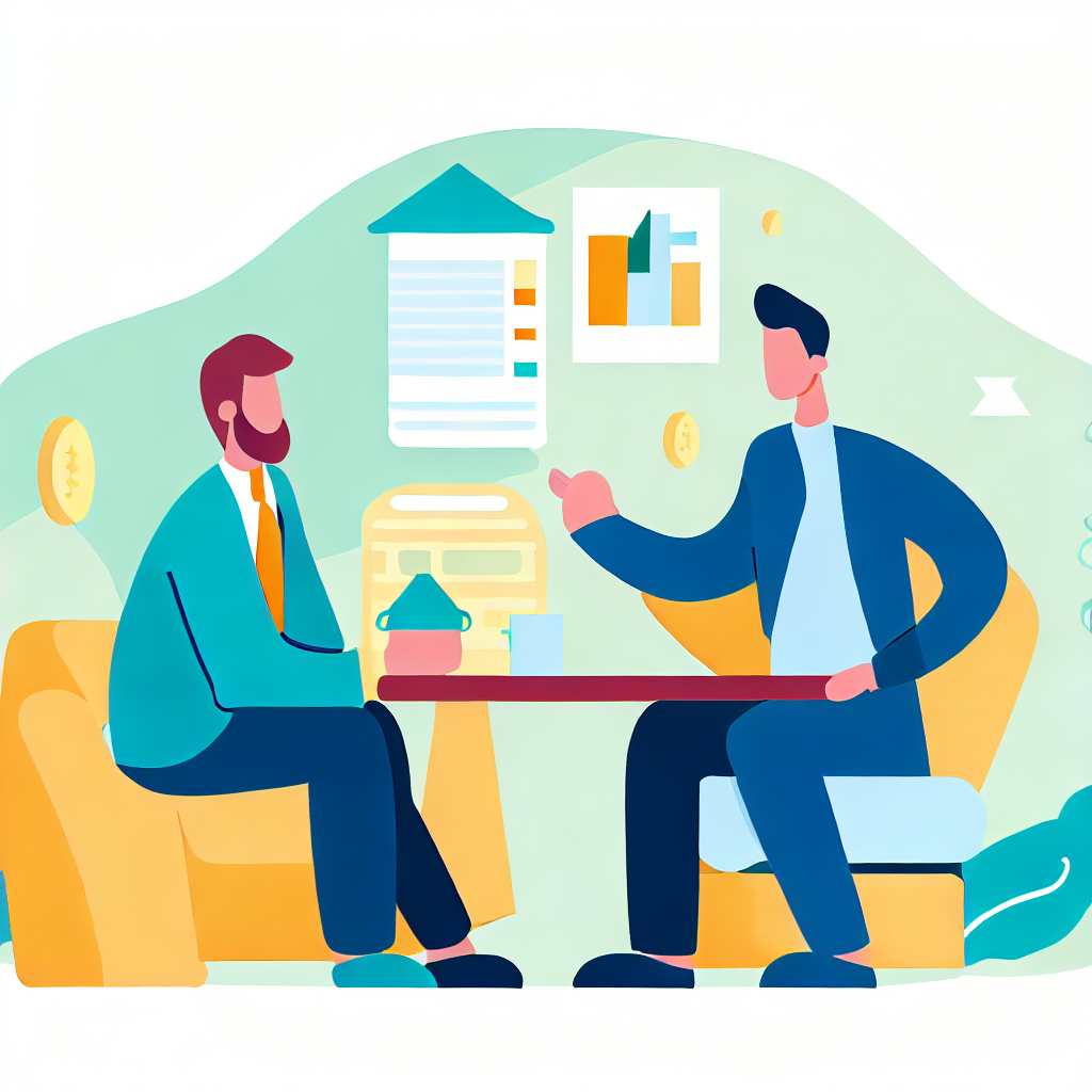 Flat vector style image of a man consulting with a financial expert about housing decisions.