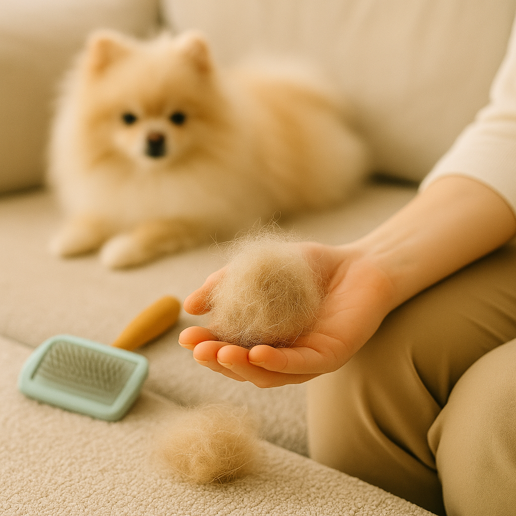 포메라니안을 빗질한 후 빠진 털을 손에 들고 있는 보호자의 모습