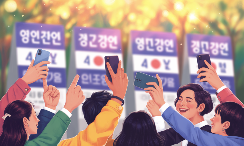 투표소 밖에서 손가락으로 브이(V)나 엄지척을 하며 즐겁게 투표인증샷을 찍는 다양한 사람들의 모습. 주변에는 선거 관련 표지판과 퍼플-옐로우 테마의 활기찬 분위기가 감돈다.