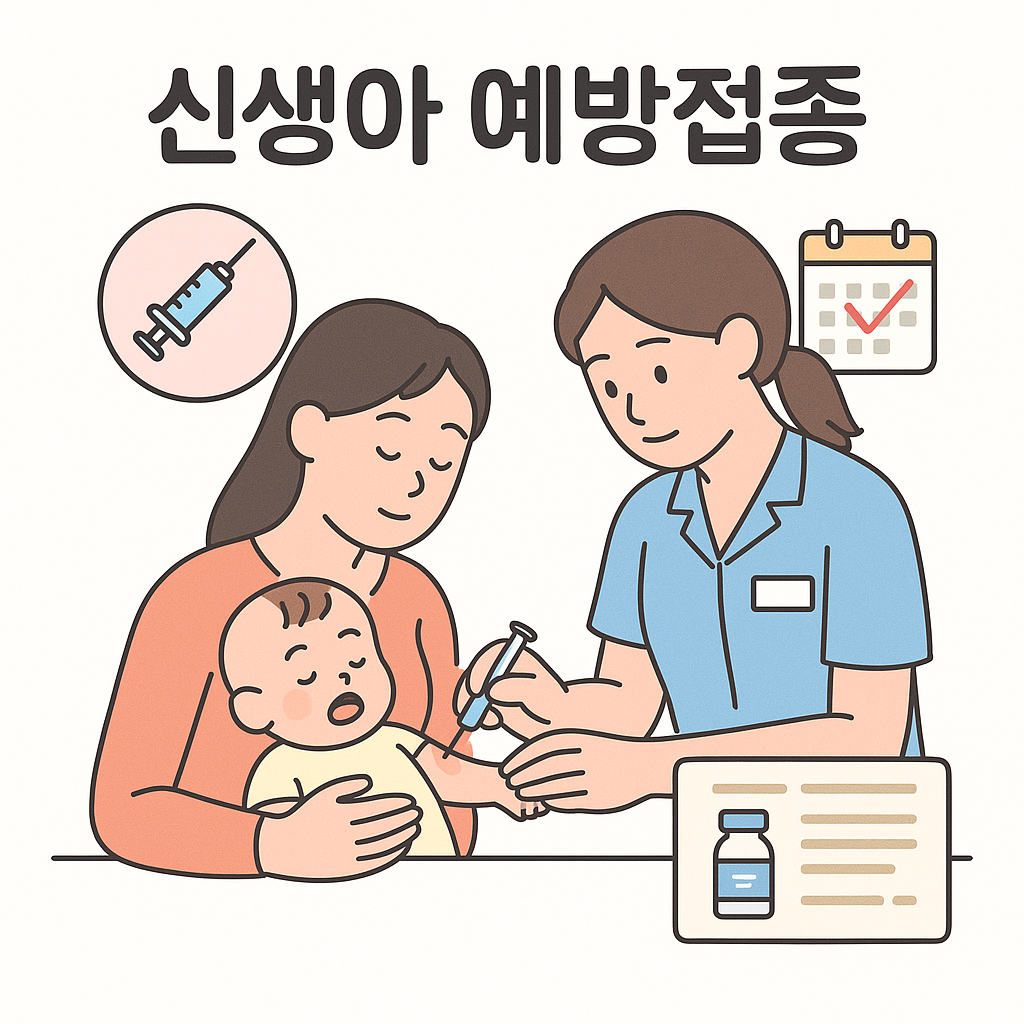 소아과에서 예방접종을 받는 신생아와 보호자를 묘사한 한국형 일러스트