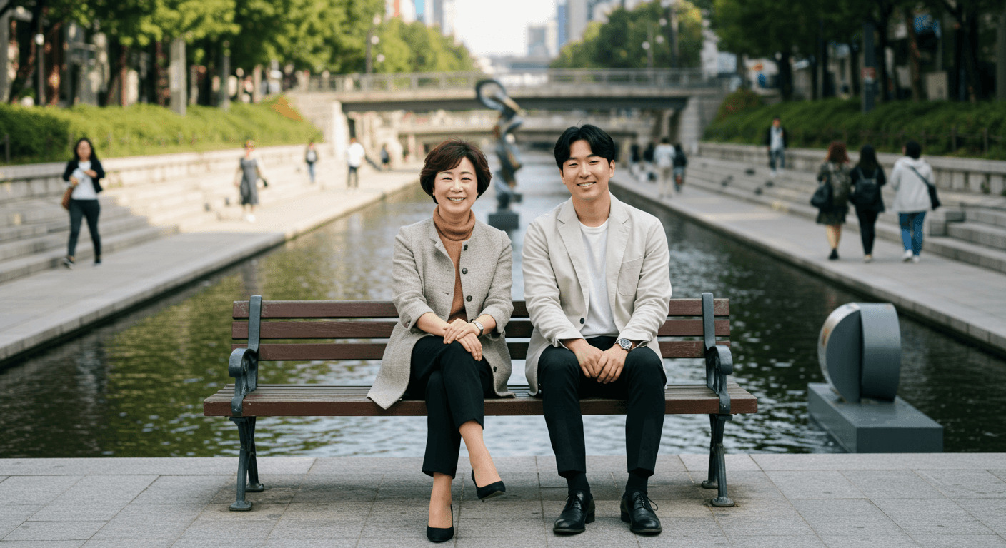엄마와 서울 데이트 코스 중 청계천을 산책하는 모습