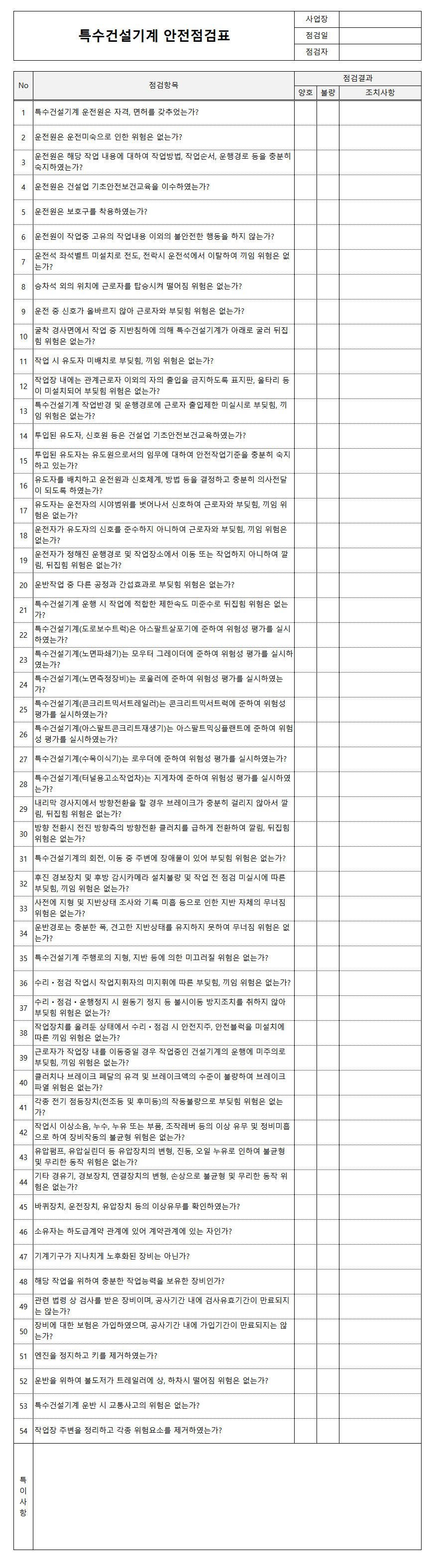 건설특수기계 안전점검표
