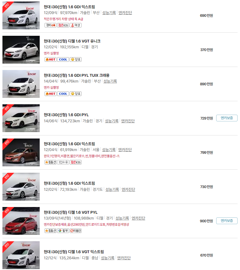 i30(신형)(11~15년식) 중고차 가격
