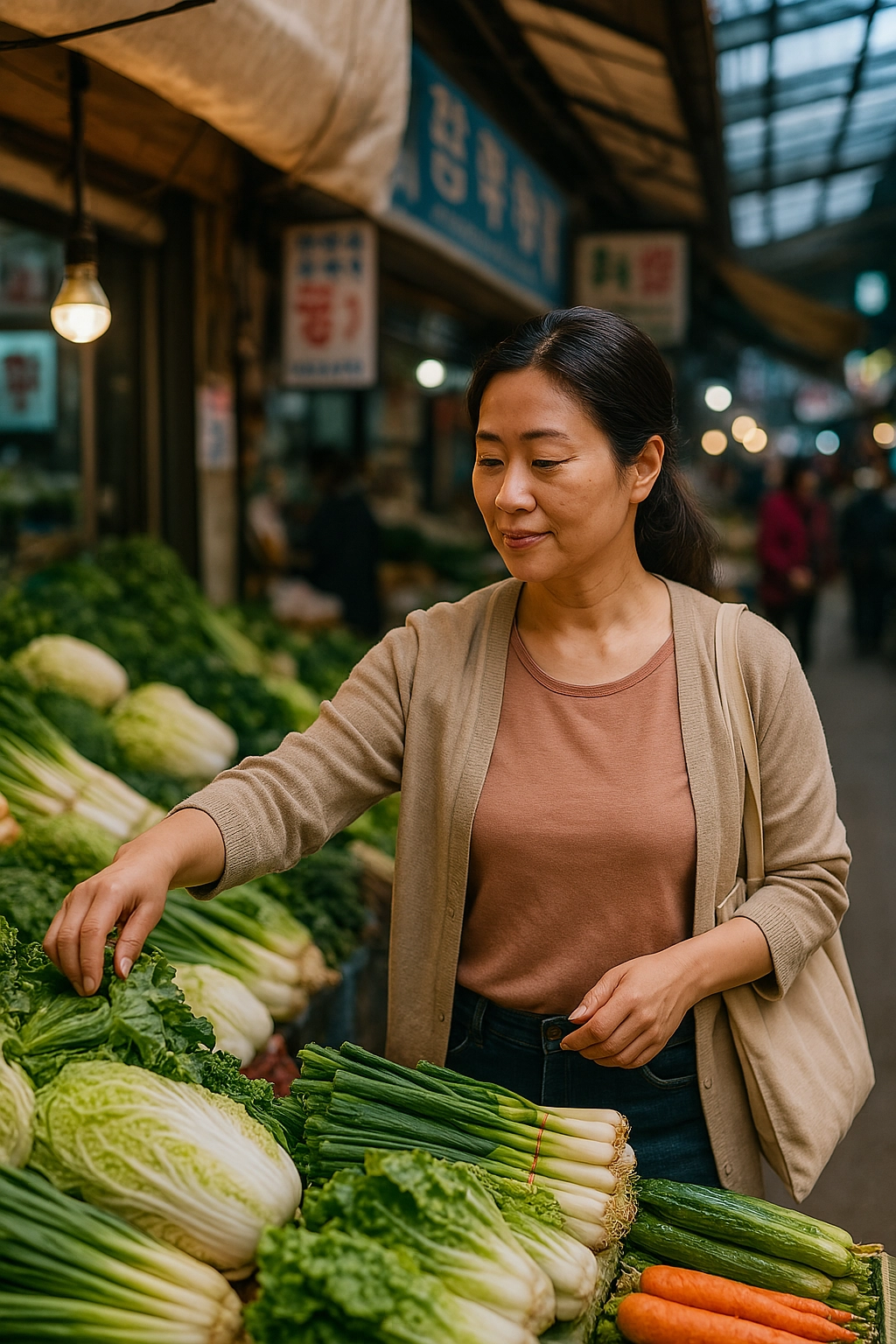 A Korean woman shopping for vegetables at a traditional market – 전통 시장에서 장을 보는 한국 여성