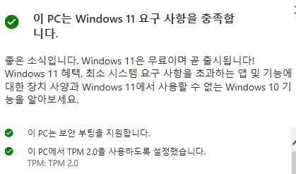 윈도우 11 요구사항 충족, TPM 2.0 설정완료